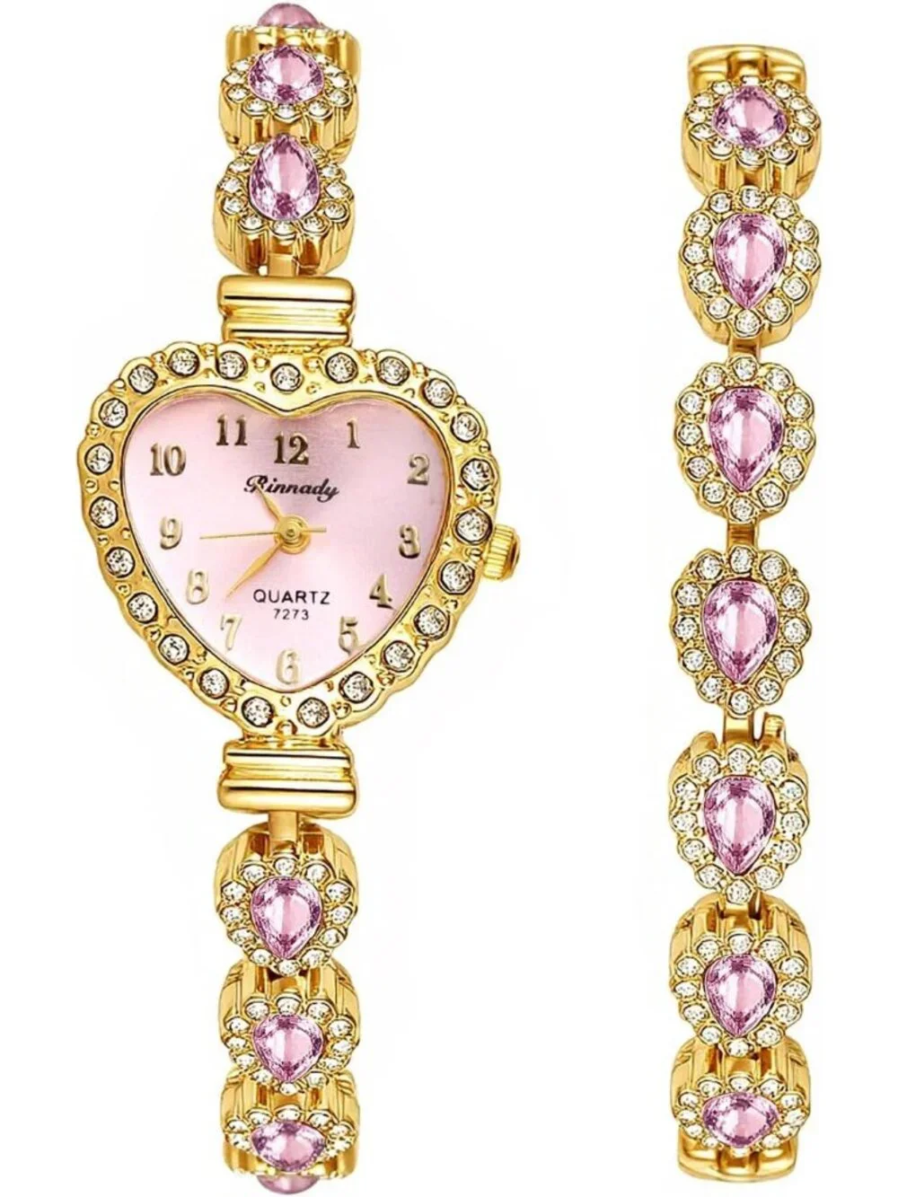 Women's Pink Heart Dial Bracelet Set Birthstone Crystal Quartz Display Watches